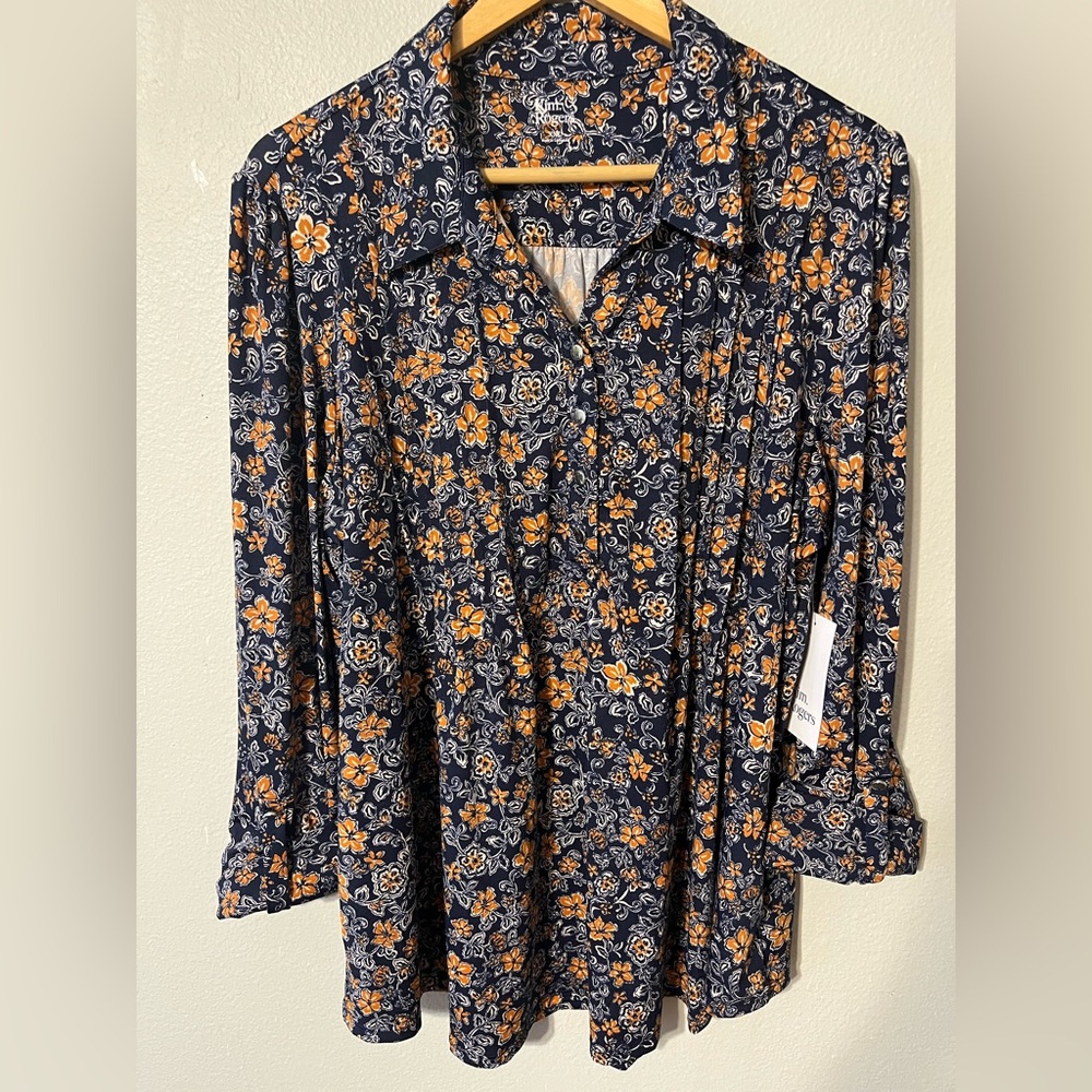 Kim Rogers Henley Blouse Navy Floral 3/4 
Sleeve Polyester Blend Size XXL NWT